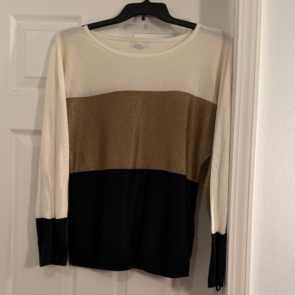 New York & Company Cream, Gold, and Black Long Sleeve Top